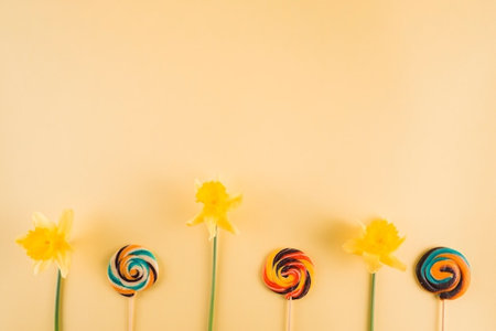 Colorful lollipops and daffodils on yellow backgroundの写真素材