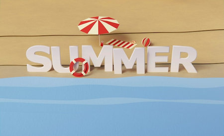 Summer word made of wooden letters with beach umbrella and lifebuoyの写真素材