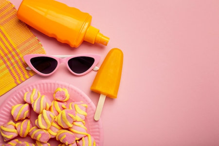 Flat lay composition with tasty ice cream and sunglasses on color backgroundの写真素材