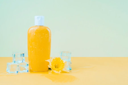 Cosmetics bottle with flower on yellow table and blue background - vintage filterの写真素材