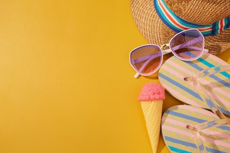 Summer holiday background with hat, sunglasses, ice cream and seashell on yellow background