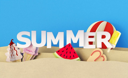 Summer word made of ice cream and watermelon in paper on blue backgroundの写真素材