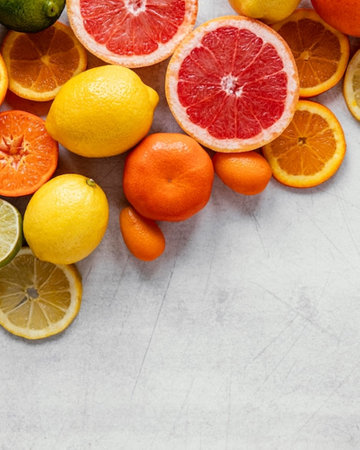 Variety of citrus fruit including lemons, lines, grapefruits and oranges.の写真素材
