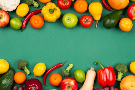 Fruits and vegetables on green background. Top view. Flat layの写真素材