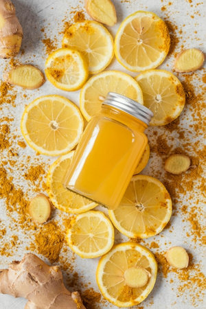 Ginger essential oil in a bottle with lemon and ginger root on white background.の写真素材