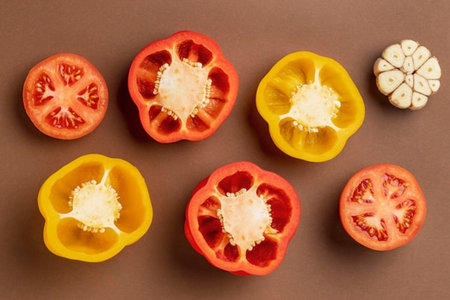 Sliced red and yellow bell peppers on brown background. Top view