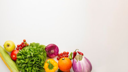 Vegetables and fruits on white background. Healthy food concept.