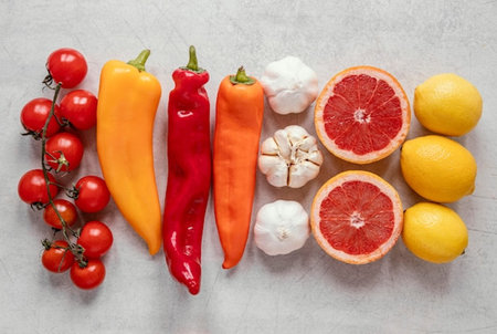 Variety of fresh vegetables and fruits on a gray background. Top viewの写真素材
