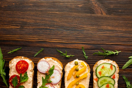 Variety of sandwiches on wooden background. Top view with copy space.の写真素材