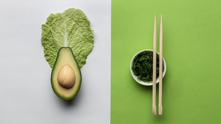top view of green lettuce, avocado and chopsticks on white and green backgroundの写真素材