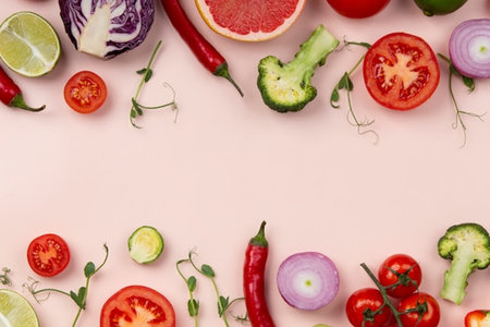 Fresh vegetables on pink background. Healthy food concept. Top view.