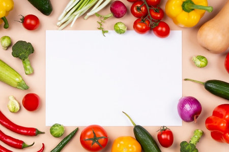 Fresh vegetables and blank paper on a beige background, top viewの写真素材