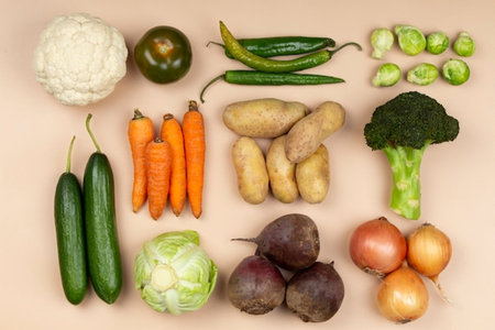 Vegetables on a beige background. Top view. Flat lay.