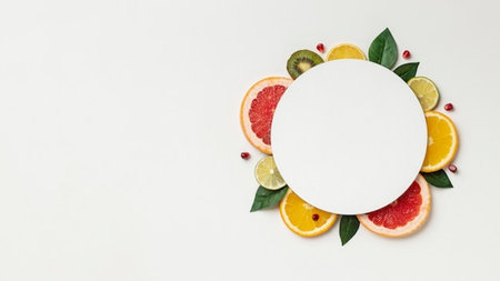 Round frame made of citrus fruits and leaves on white background. Flat lay, top view.の写真素材