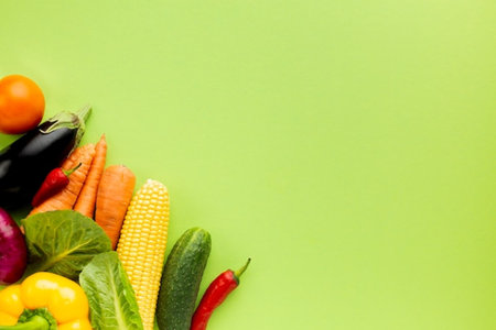 Vegetables on a green background. Top view with copy spaceの写真素材