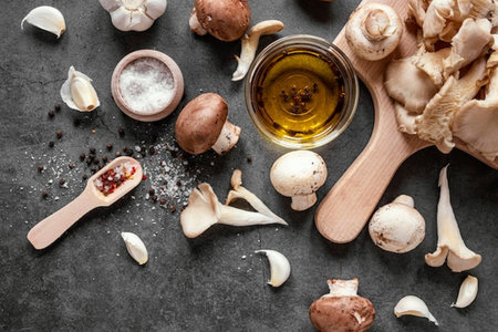 Composition with fresh mushrooms and spices on grey background, top viewの写真素材