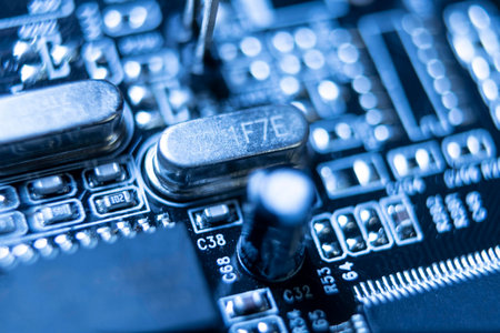 Electronic circuit board close-up. Technology background. Selective focus.の写真素材