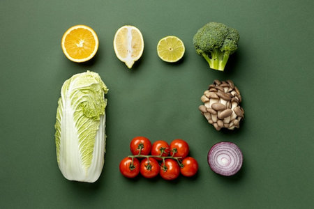 Vegetables on green background, top view. Healthy eating conceptの写真素材