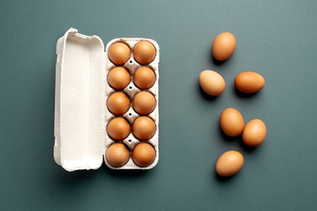 Chicken eggs in a cardboard box on a green background. Top view.の写真素材