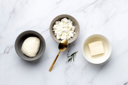 Cottage cheese, butter and rosemary on white marble background.の写真素材