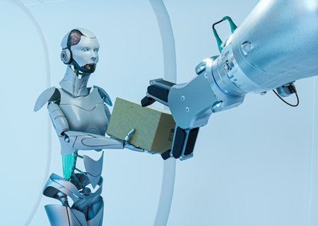 Robot with cardboard box in hand. 3d illustration. Technology conceptの写真素材
