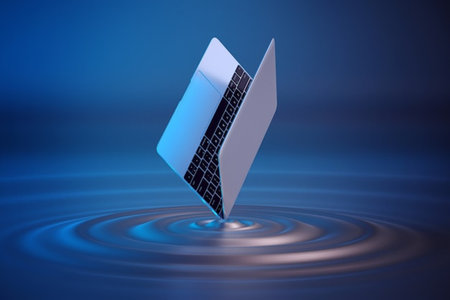 Laptop on water surface with ripples, 3d render illustrationの写真素材