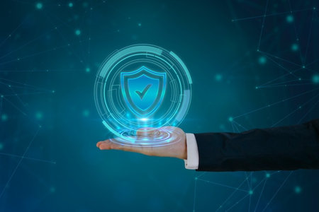 View of a Businessman holding a Shield icon in a futuristic interface