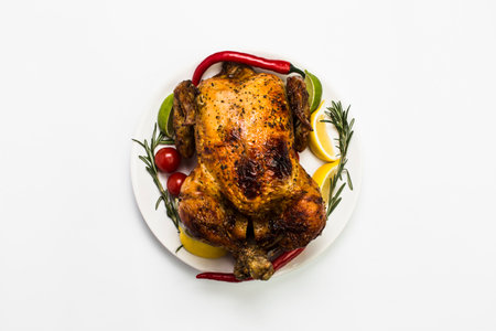 Roast chicken with lemon and rosemary on a white background.の写真素材
