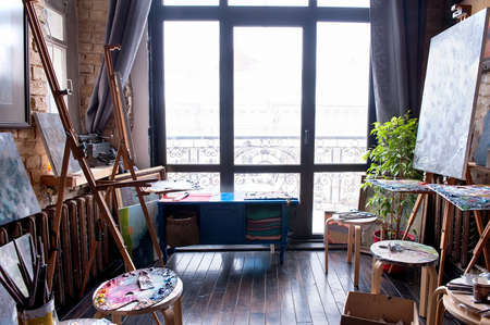Beautiful empty artist's studio with bright natural lightのeditorial素材
