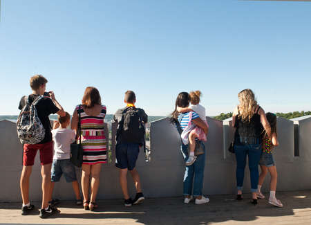 Lviv, Ukraine - July 22, 2016: People enjoying the view on city from the observation deckのeditorial素材