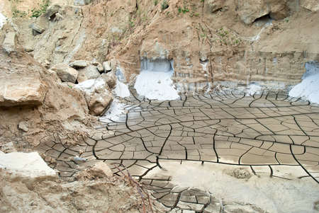 Dried ground, crackled clay, arid land, stonesの写真素材