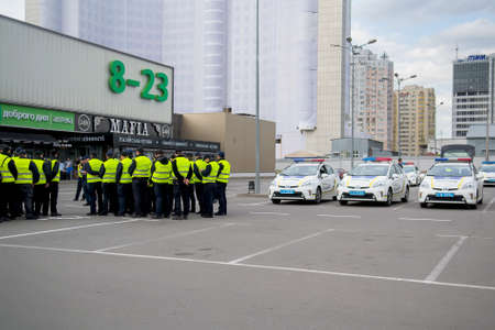 Kiev, Ukraine - May 12, 2017: Police officers stand to attention at a briefing on safety measures at the Eurovision 2017のeditorial素材