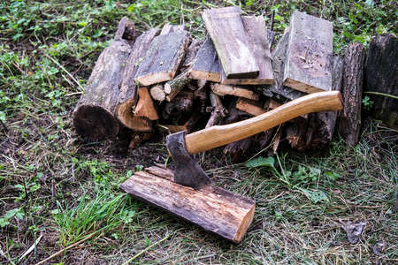 Firewood Splitting. Journey into the wild concept. Selective focus, blurの写真素材