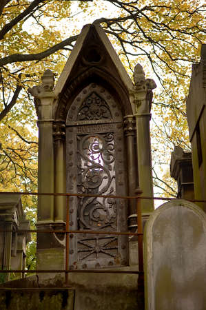 Old ornate iron door. Entrance to an old tomb, crypt at a cemetery.の写真素材