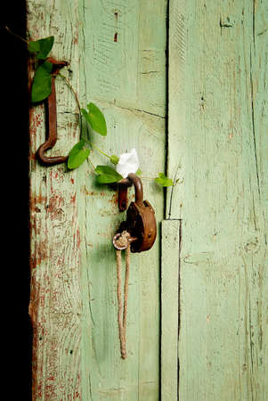 Old rusty metal iron padlock with key on a wood doorの写真素材
