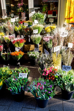 Flower market with various multicolored fresh flowersの写真素材