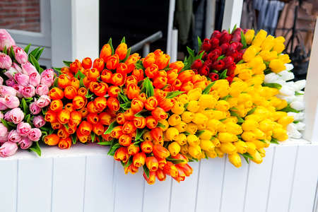 Colorful artificial tulips on sale at a market stallの写真素材
