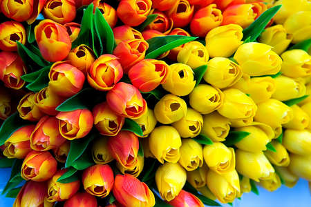 Colorful plastic decorative artificial tulips, market stallの写真素材