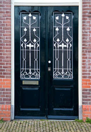 Beautiful black double entrance door with glass panels and wrought-iron burglar grillsの写真素材