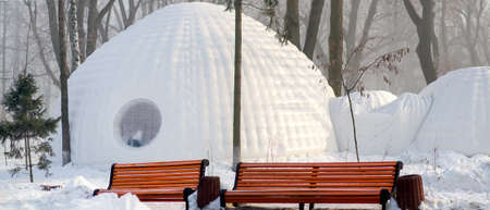 Snow igloo house in the winter park. Park decorated to Christmas winter holidays. Selective focusの写真素材