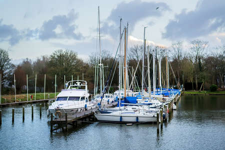 View on the yacht harbor at the evening, Hoorn, Netherlandsの写真素材