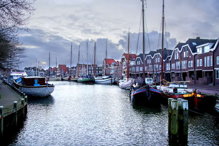 View on the yacht harbor at the evening, Hoorn, Netherlandsの写真素材