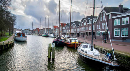 View on the yacht harbor at the evening, Hoorn, Netherlandsの写真素材