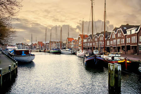 View on the yacht harbor at the evening, Hoorn, Netherlandsの写真素材