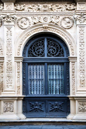 Entrance door of an ancient building with elegant wrought decorationsの写真素材