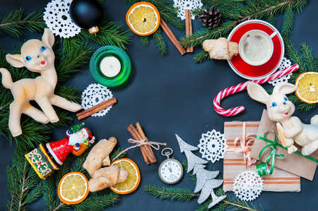 Christmas or New Year decoration on black backgroundの写真素材