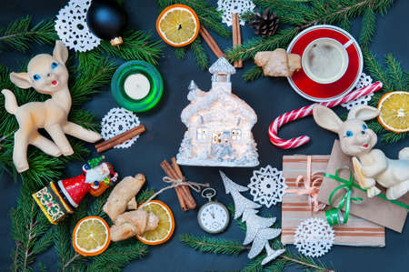Christmas or New Year decoration on black backgroundの写真素材