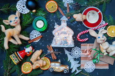 Christmas or New Year decoration on black backgroundの写真素材