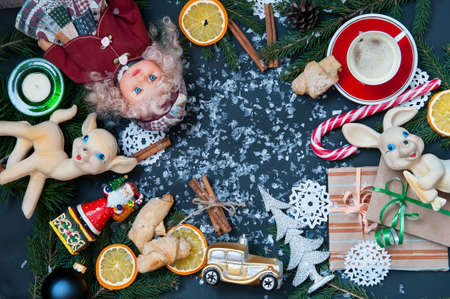 Christmas or New Year decoration on black backgroundの写真素材