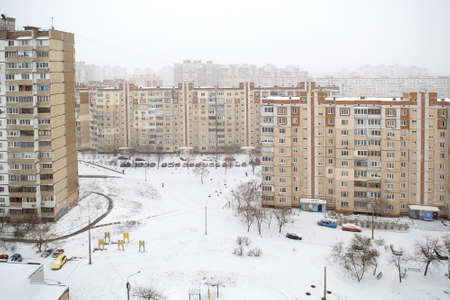 Residential area covered by snow in a cold winter day. Selective focusのeditorial素材